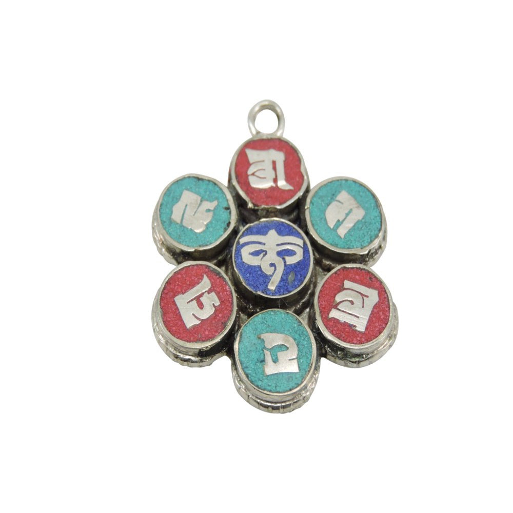 Handmade Lapis Lazuli Turquoise and Coral Om Mani Padme Hum Pendant