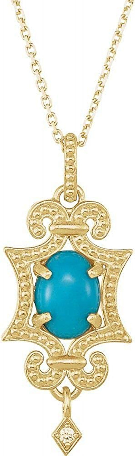Solid 14K Yellow Gold Turquoise and .015 Cttw Diamond Charm Pendant Chain Neckla