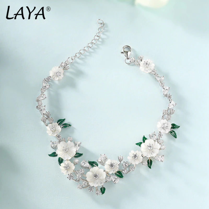 LAYA 925 Sterling Silver Fashion Natural Shell Flower Green Leaf Enamel High