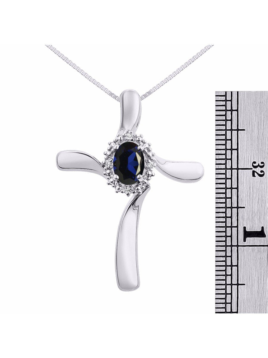 Diamond & Sapphire Cross Pendant Necklace Set in Set in 14K White Gold with 18"