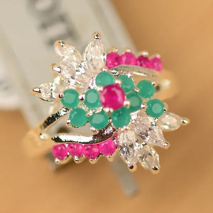 Red Ruby Green Emerald & White Topaz 925 Sterling Silver Engagement Ring Size 6-