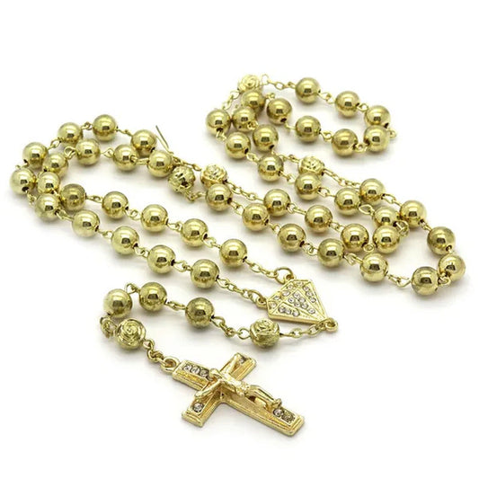 HOT Mens Hip Hop 8Mm GOLD Beads 14Kt Diamond-Shape Rosary & Jesus Cross Necklace