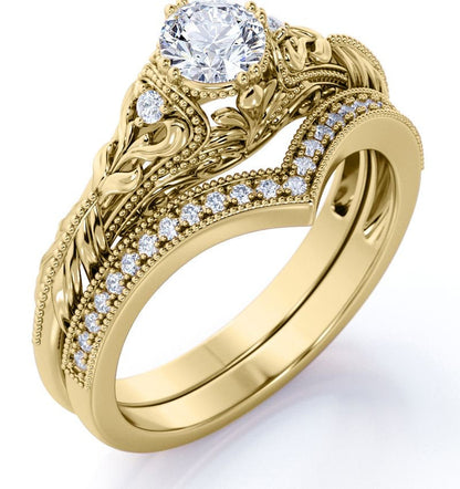 Engraved .68 Carat round Cut Real Diamond Victorian-Inspired Wedding Ring Set wi