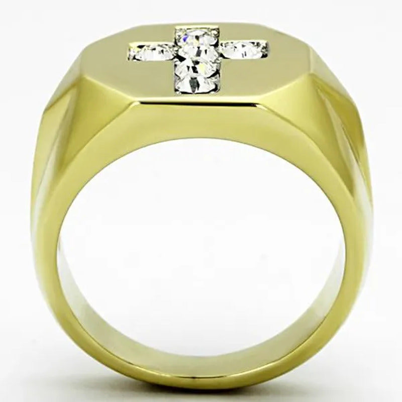 Men'S Stainless Steel 14K Gold Ion Plated Simulated Diamond Cross Ring Size 8-13