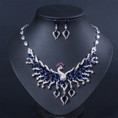 Ethnic Style Zircon Peacock Earring Set Tassel Colorful Clavicle Necklace Jewelr