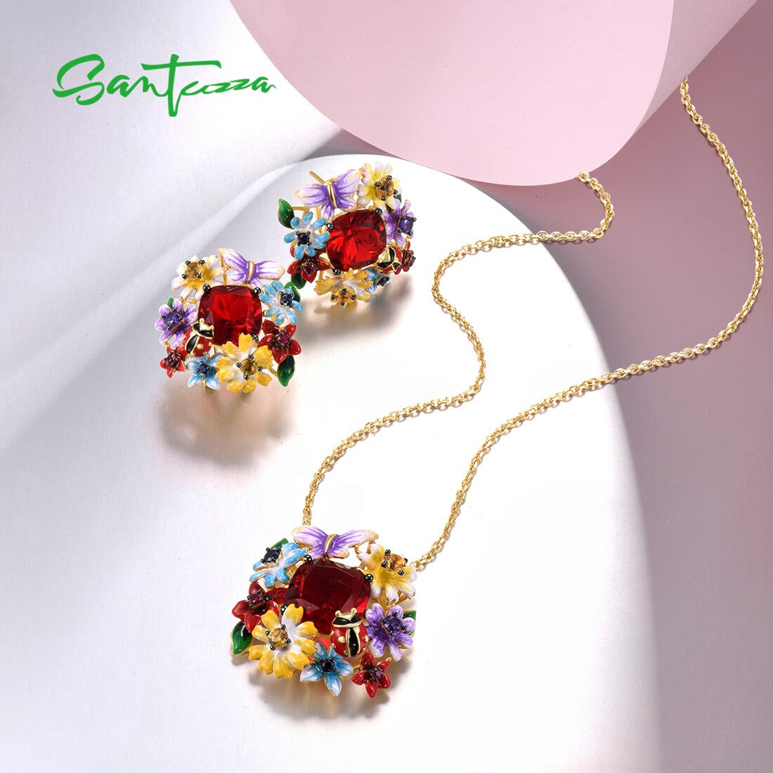 925 Sterling Silver Jewelry Set for Women Red Stone Colorful Flowers Earrings