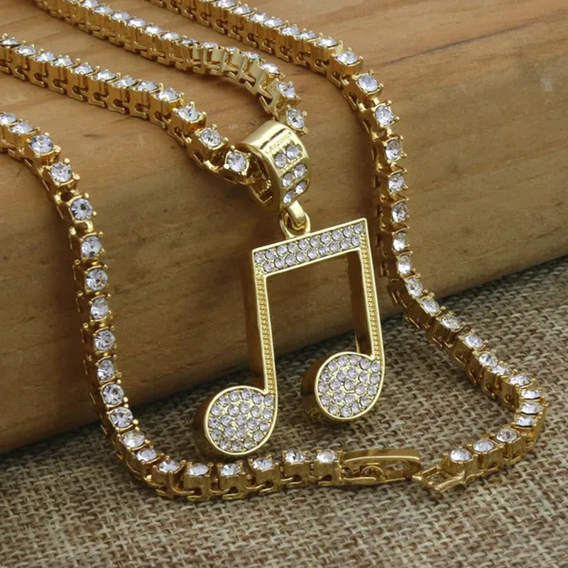 ALL NEW Lady'S 14K Gold Music Note Iced Out Icon Pendant 4Mm 24" Hip Hop Chain