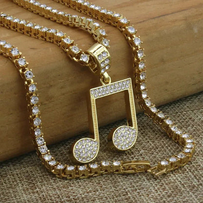 ALL NEW Lady'S 14K Gold Music Note Iced Out Icon Pendant 4Mm 24" Hip Hop Chain