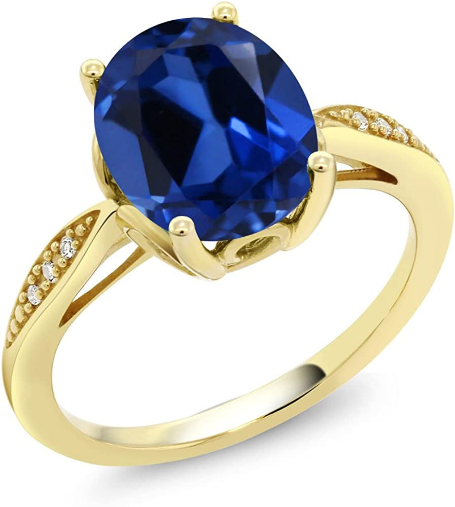 14K Yellow Gold Blue Created Sapphire and Diamond Women Ring (3.34 Ct Oval, Avai
