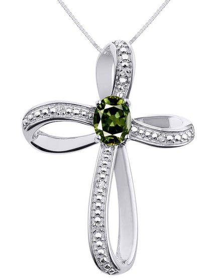 Diamond & Green Sapphire Cross Pendant Necklace Set in Sterling Silver .925 with