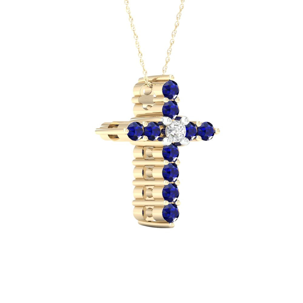 Imperial Gemstone 10K Yellow Gold Blue Sapphire 1/20 CT TW Diamond Cross Necklac