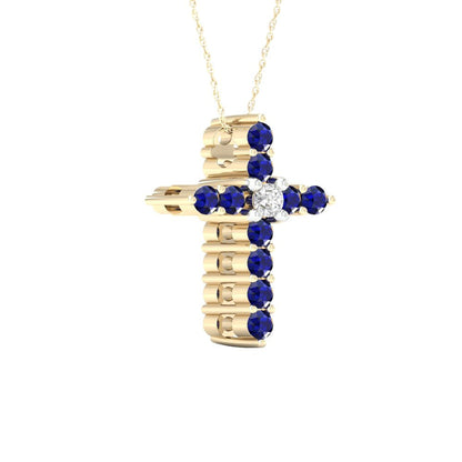 Imperial Gemstone 10K Yellow Gold Blue Sapphire 1/20 CT TW Diamond Cross Necklac