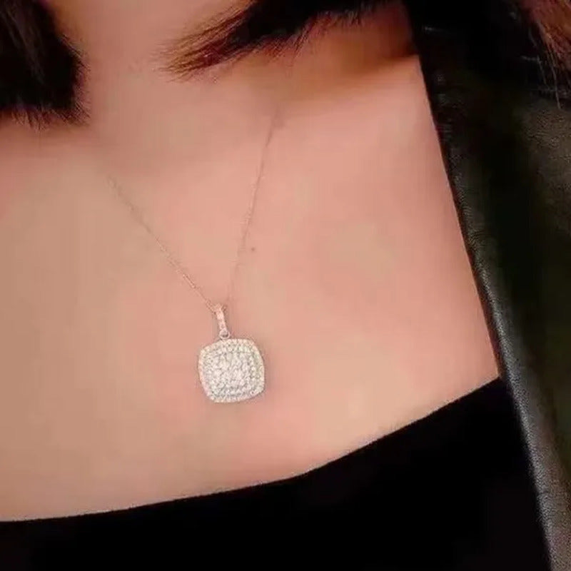 Delicate 925 Sterling Silver Pave Setting Diamond Square Pendant Necklace for Wo