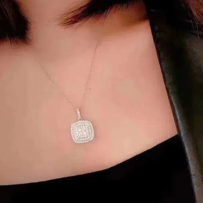 Delicate 925 Sterling Silver Pave Setting Diamond Square Pendant Necklace for Wo