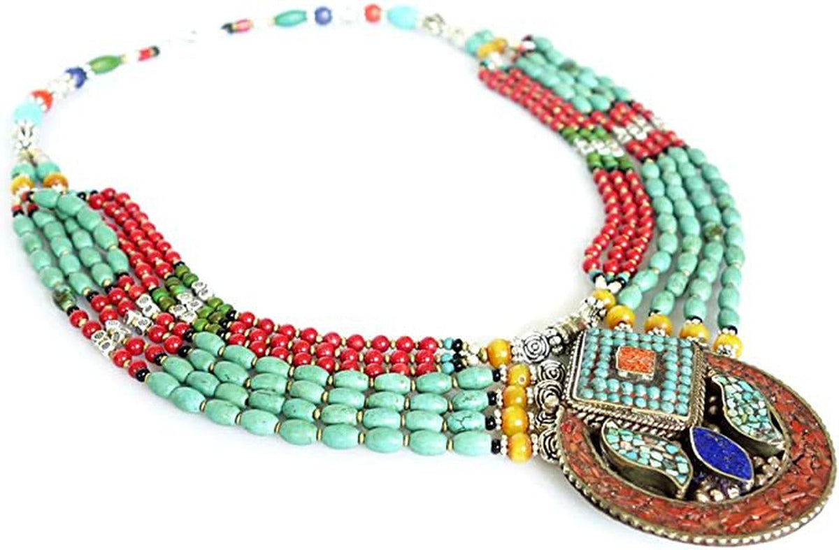 Tibetan Multi Strand Handmade Necklace Turquoise Coral Amber Lapis Lazuli Gemsto