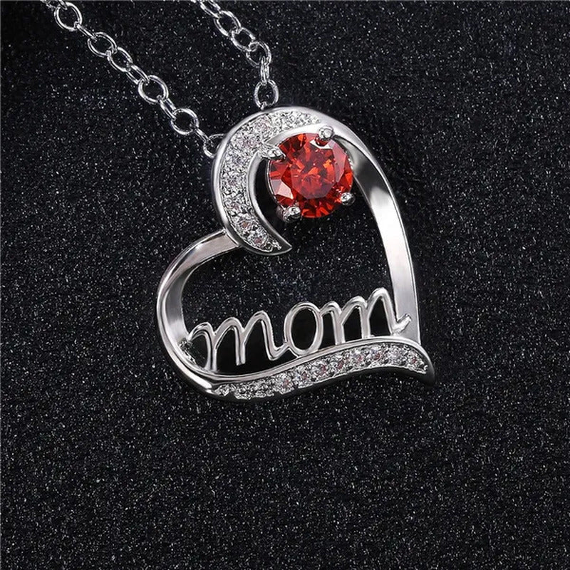 Love Mum Silver Plated Ruby MOM Character Emerald Necklace Jewelry Family Birthd