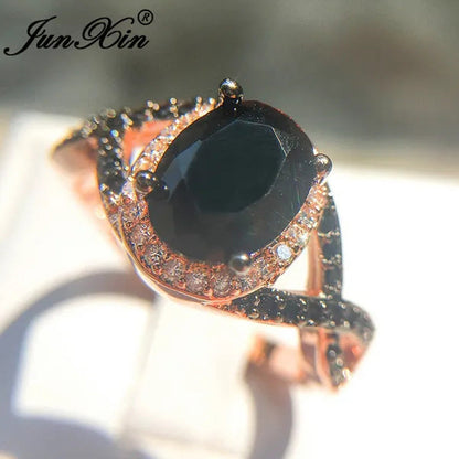Exquisite Rose Gold Plated Large Oval Stone X Ring Women Filled Black Zircon Cry