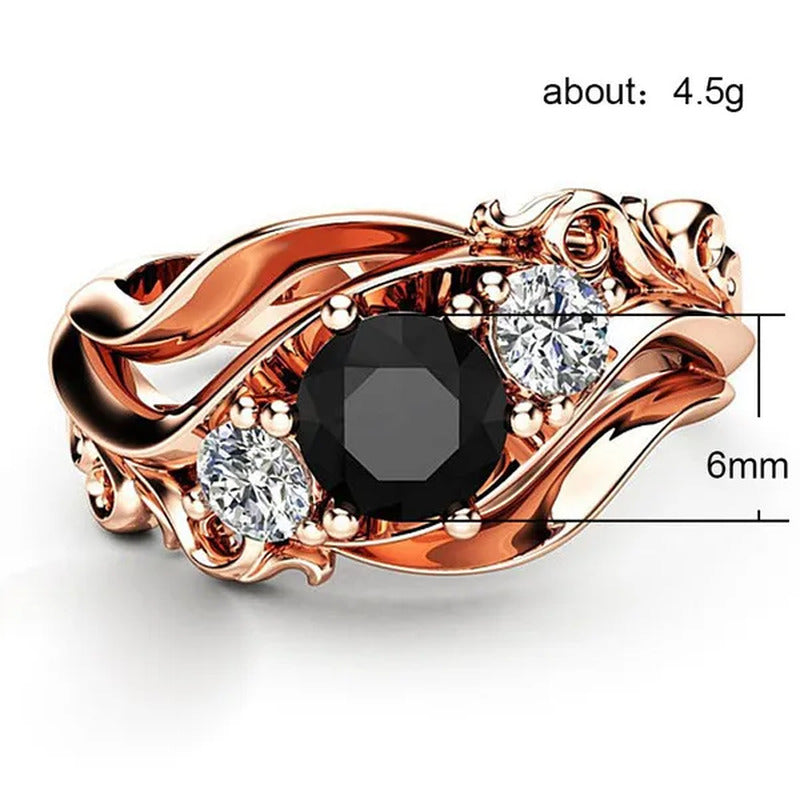 Fashion Ladies Rose Gold Leaf Vine Black Gemstone Rings Jewelry Bridal Romantic