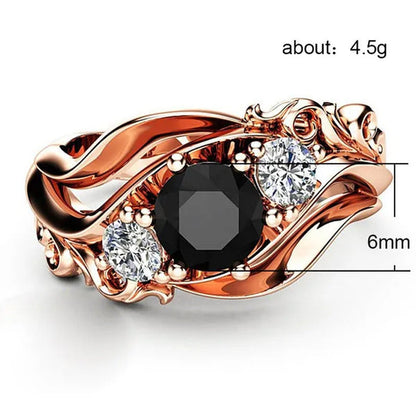 Fashion Ladies Rose Gold Leaf Vine Black Gemstone Rings Jewelry Bridal Romantic