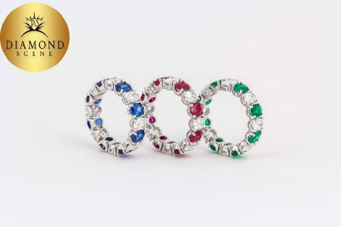 Set of Oval Sapphire Ruby Emerald Diamond Eternity Band Rings
