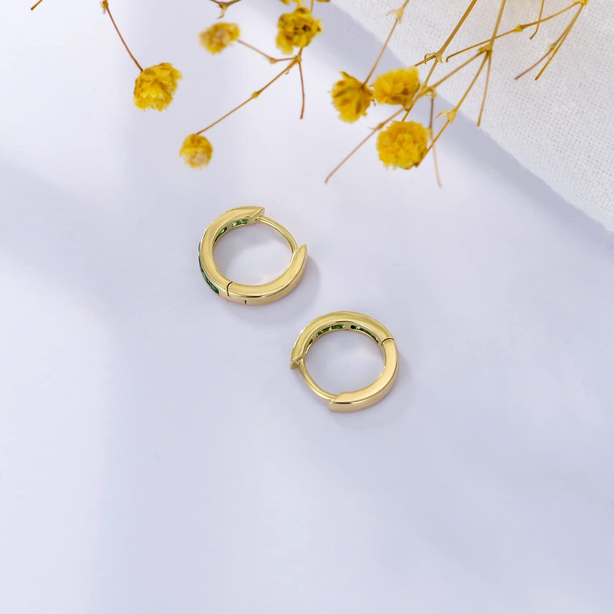 14K Gold Green Emerald Hoops Earrings for Women 11.5Mm