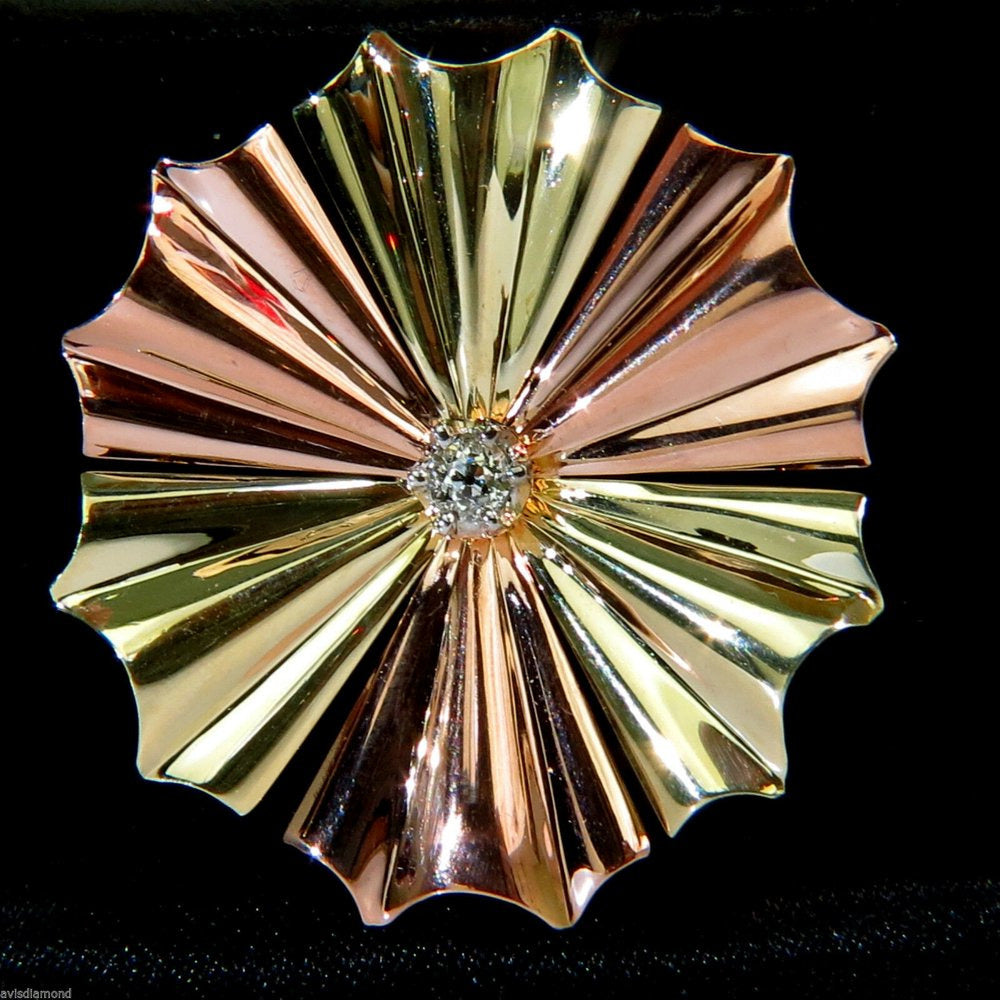 3D 14KT .30Ct DIAMOND 1970'S SUNBURST BROOCH PIN
