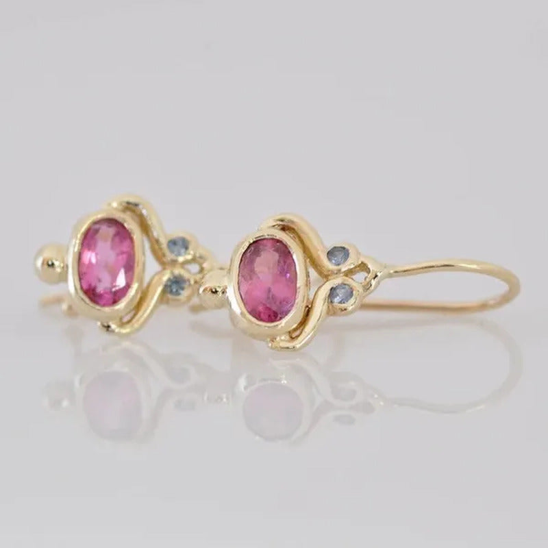 Unique 14K Blue Sapphire Oval Pink Tourmaline Gemstone Dangle Hook Earrings Wome