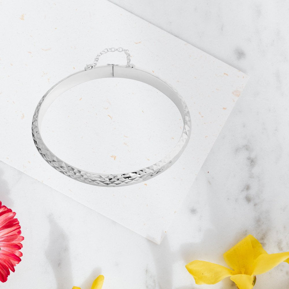 Women Checkered Diamond Cut Cuff Bangle Bracelet Sterling Silver 7"