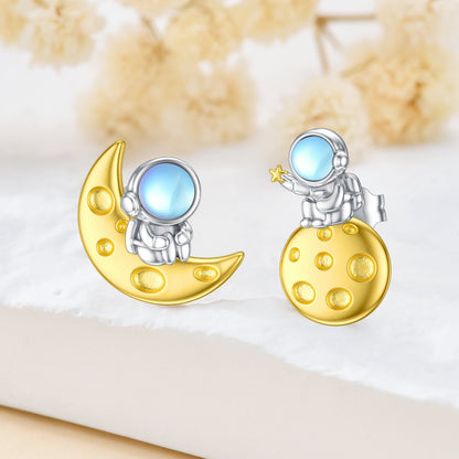 Space Stud Earrings Sterling Silver Moonstone Planet Astronaut Earrings Saturn J
