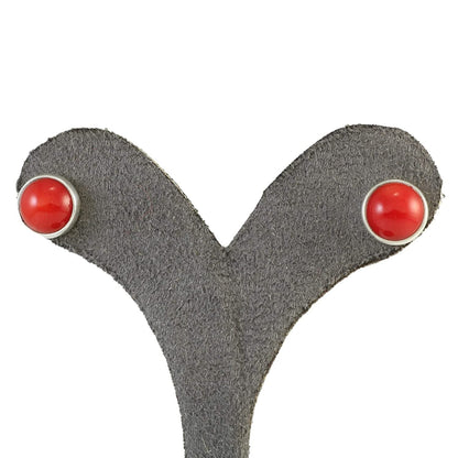 Sterling Silver 925 round Stone Handmade Stud Earrings for Women (Red Coral - 9.
