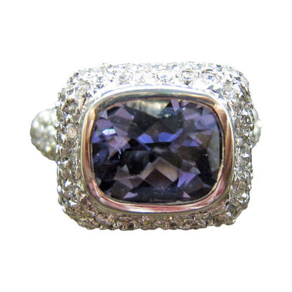 4.60 CT CUSHION IOLITE LIGHT PUPLISH BLUE DIAMOND ROUND BR PAVE SET RING 14 K
