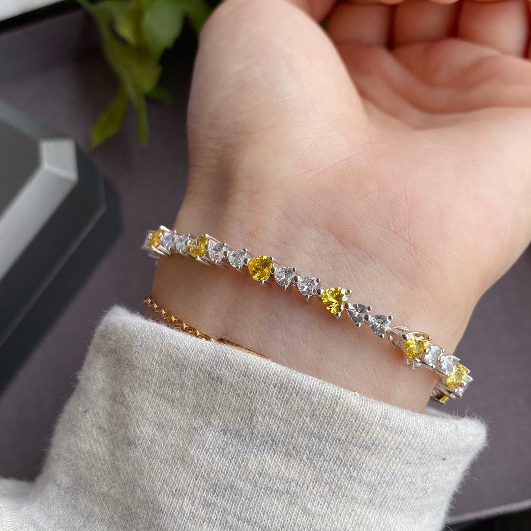 New S925 Silver Simple Interval Yellow Diamond Love Bracelet