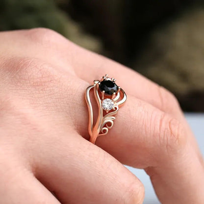 Fashion Ladies Rose Gold Leaf Vine Black Gemstone Rings Jewelry Bridal Romantic