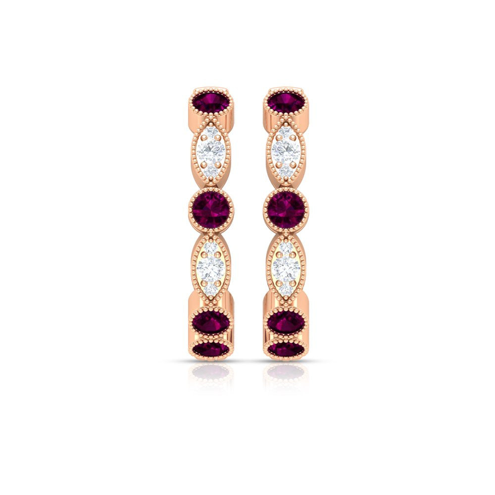 0.75 CT Rhodolite and Diamond Hoop Earrings, Rhodolite Vintage Earrings, Hoop Ea