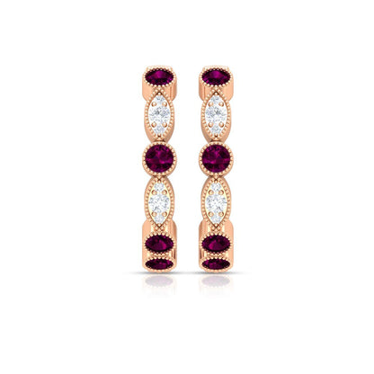 0.75 CT Rhodolite and Diamond Hoop Earrings, Rhodolite Vintage Earrings, Hoop Ea