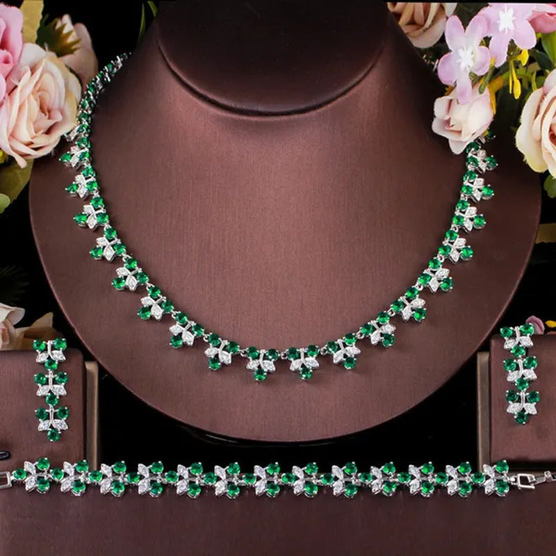 CANDICE Sapphire Prom Party 3Pcs Jewelry Set Pave Blue Cubic Zircon Leaf Flower