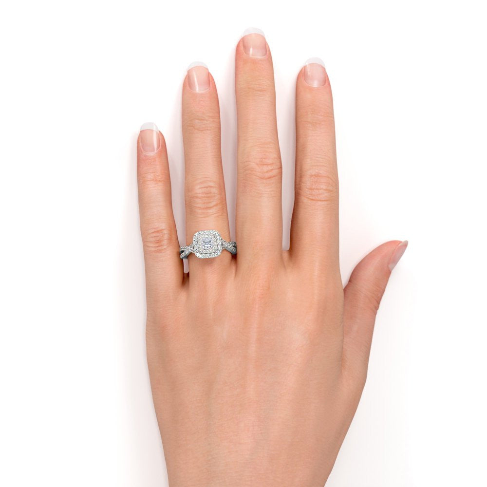 Elegant 1 Carat - Square Cut Diamond - Twisted Band - Pave - Double Halo Engagem