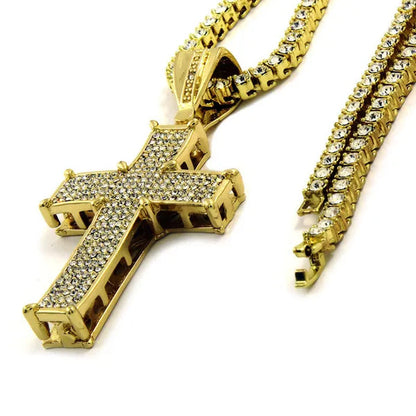 Mens 14K Gold Plated Hip-Hop Center Claw Cross Pendant W/ 24" 1 Row Lab Diamond
