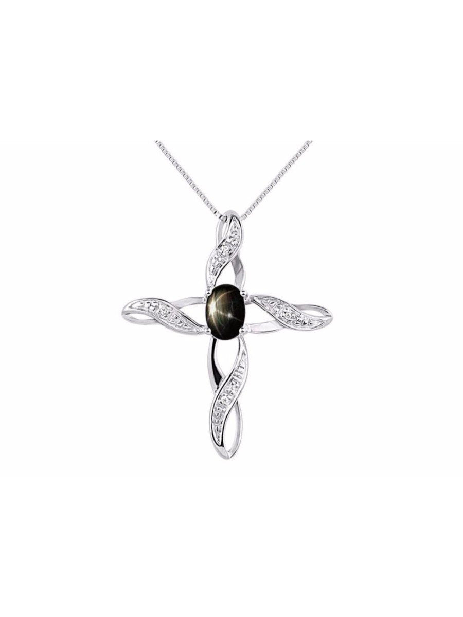 Diamond & Black Star Sapphire Cross Pendant Necklace Set in Set in Sterling Silv