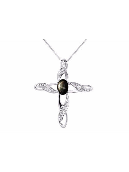 Diamond & Black Star Sapphire Cross Pendant Necklace Set in Set in Sterling Silv