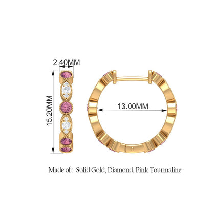 3/4 CT Pink Tourmaline and Diamond Hoop Earrings, Pink Tourmaline Vintage Earrin