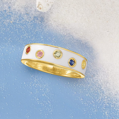 0.20 Ct. T.W. Multicolored Sapphire and White Enamel Ring in 18Kt Gold over Ster