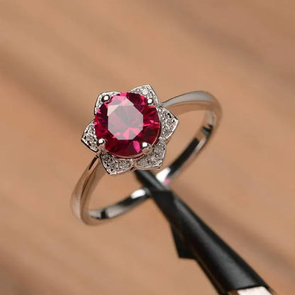 Ruby Ring Sterling Silver Wedding Engagement Ring round Cut Red Gemstone Ring Ju