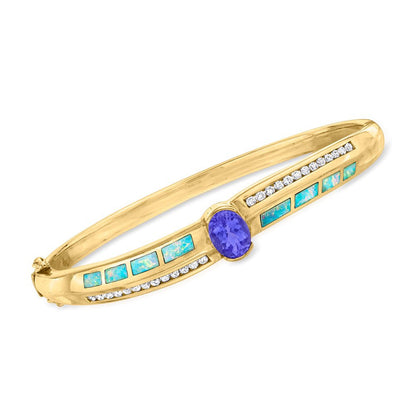 C. 1980 Vintage 1.80 Carat Tanzanite, Carved Opal and .65 Ct. T.W. Diamond Bangl