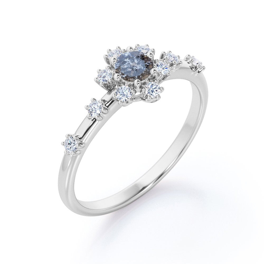 7 Stone Cluster - 0.58 Carat round Shaped Salt and Pepper Diamond with Moissanit