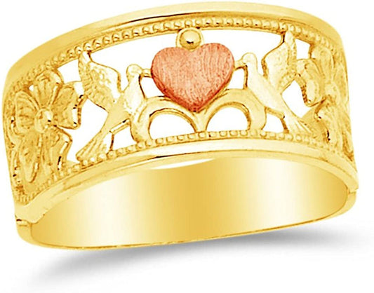 14K Rose Yellow & White Gold Fancy Fashion Dove Flower Heart Ring