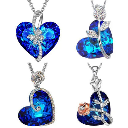 Fashion Heart Blue Crystal Necklace Double Layer Rose Zircon Pendant Engagement