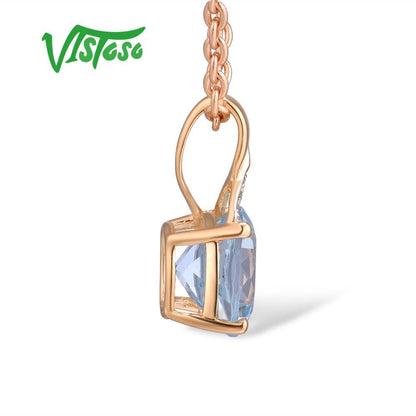 Gold Pendant for Women Genuine 14K 585 Rose Gold Radiant Blue Topaz Sparkling Di