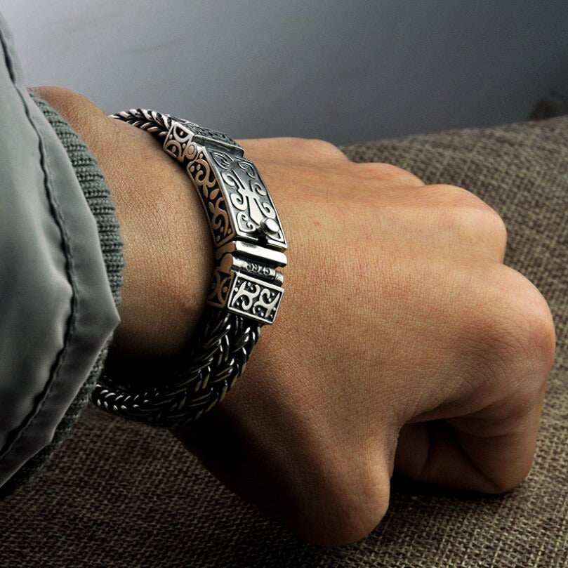 Real 925 Sterling Silver Bracelet Men'S Wide 11Mm Retro Punk Rock Wire Chain