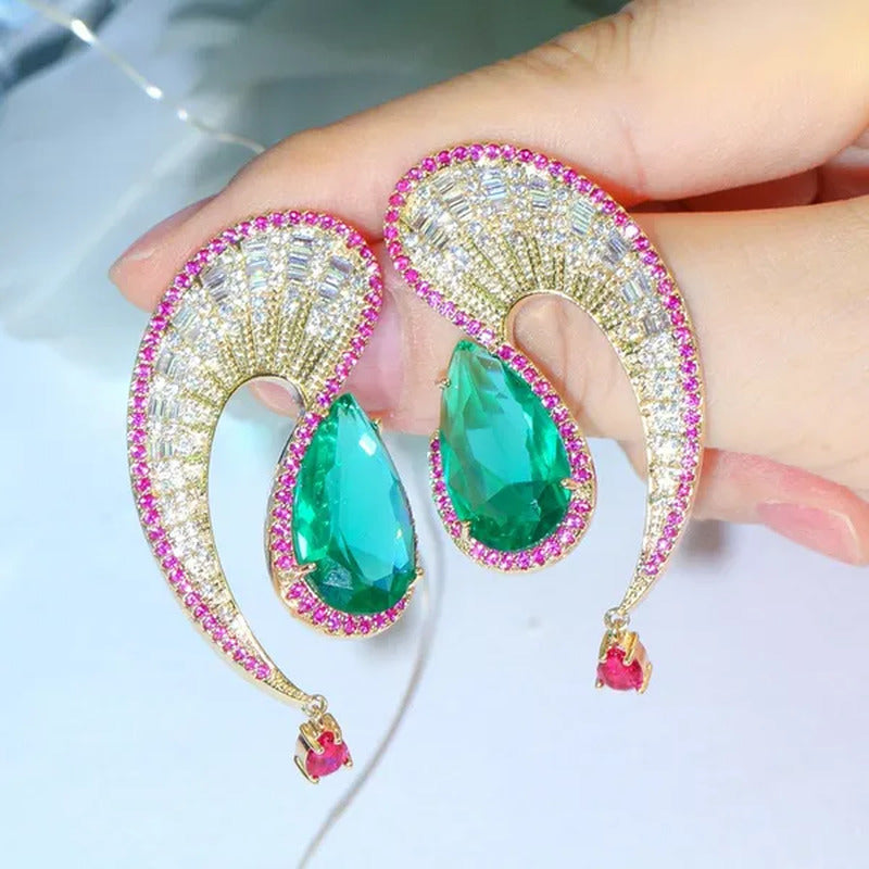 CANDICE Noble Micro Pave Tiny CZ Diamond Unique Leaf Shape Earrings with Emerald